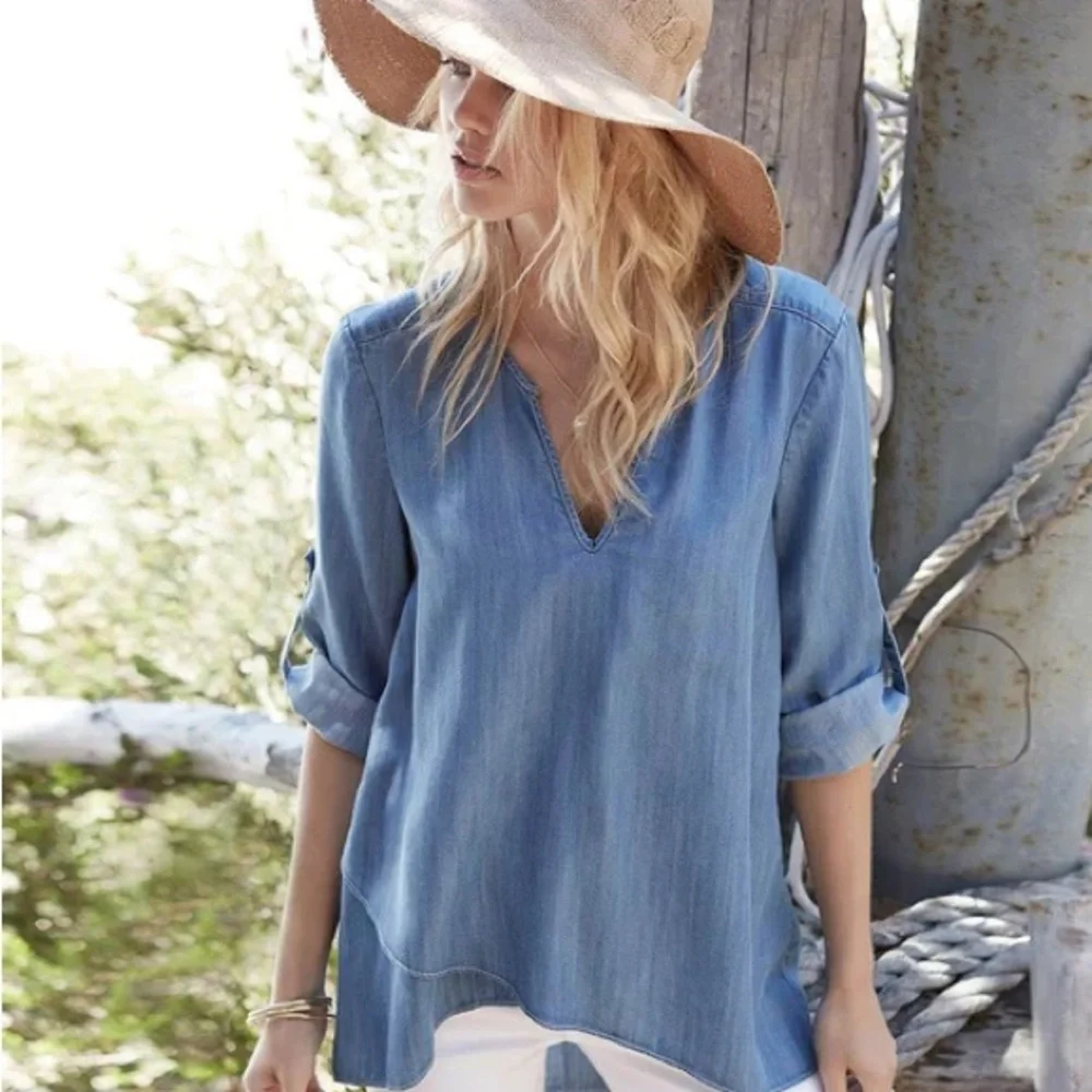 Michael Kors Chambray Boho Blouse 3/4 Tie Sleeve Large Split V-Neck Pull-On Blue